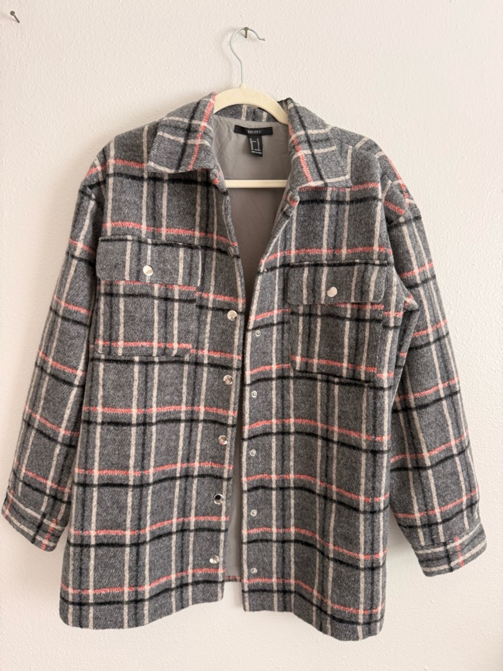 Forever 21 Gray Plaid Shacket with Pink Stripes